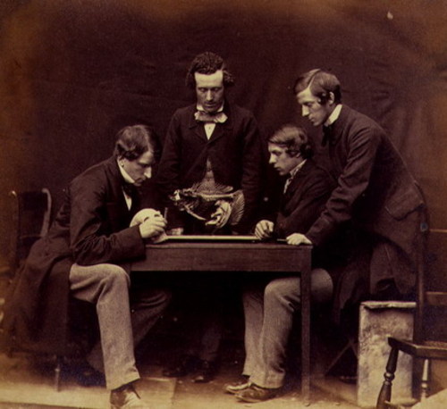 Dr. Rolleston and students examining skeleton, 1857