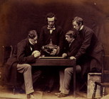 Dr. Rolleston and students examining skeleton, 1857.